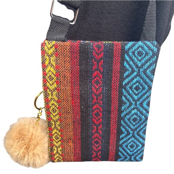 2/$30 Small Crossbody Bag Multicolor Stripes Adjustable Camel Mink Pom Pom - Picture 5 of 8